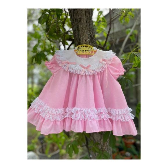 Vintage 80s Kotton Candy Pink White Party Ruffle Full Circle Dress Sz 18 Months - Picture 2 of 9